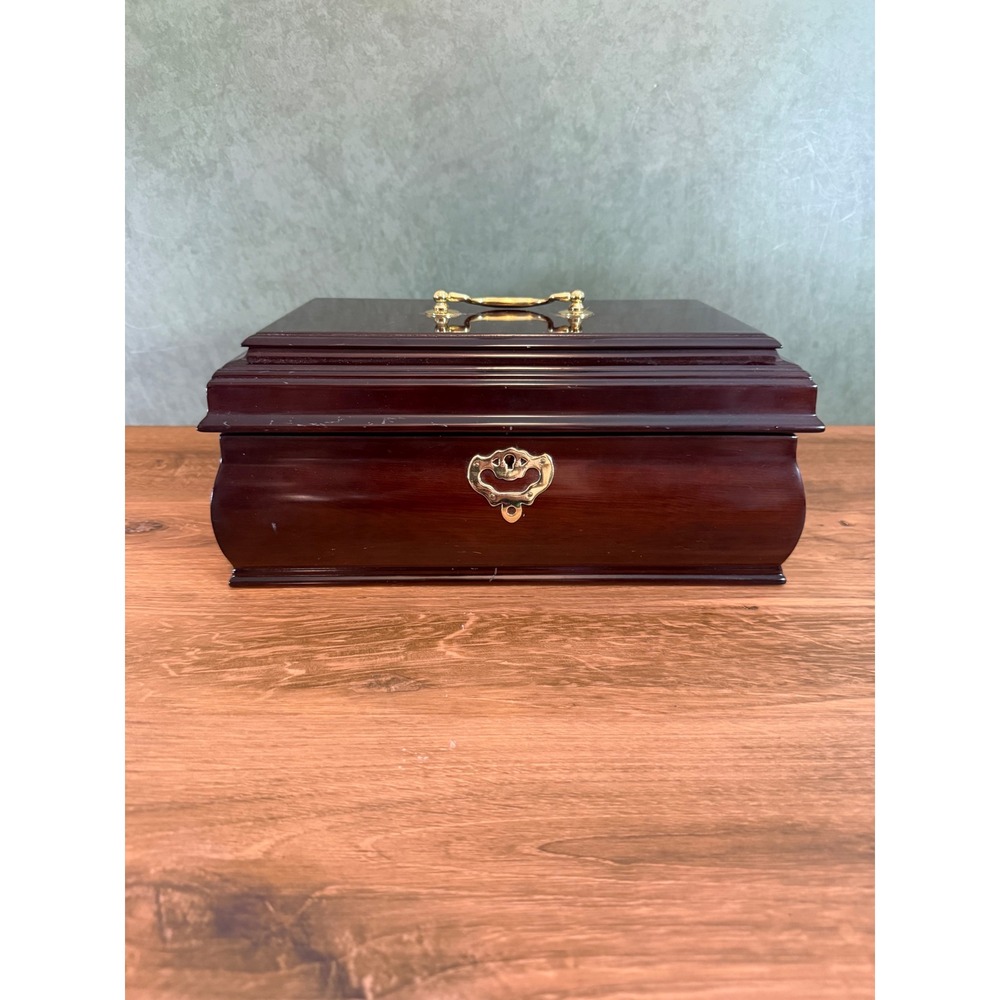 Vintage Wooden Jewelry Box Mahogany Finish Red Velvet Lining Gold Hardware